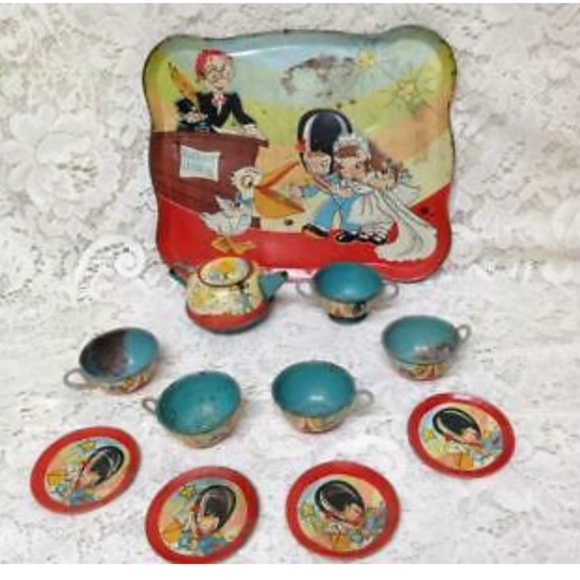 1940-50s Ohio Art, #105 The Wedding, 12pc Childs Tin Tea Set